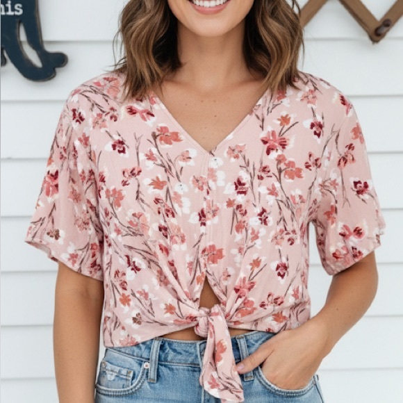 LUQ Pink Floral Tie Hem Top - Picture 1 of 5